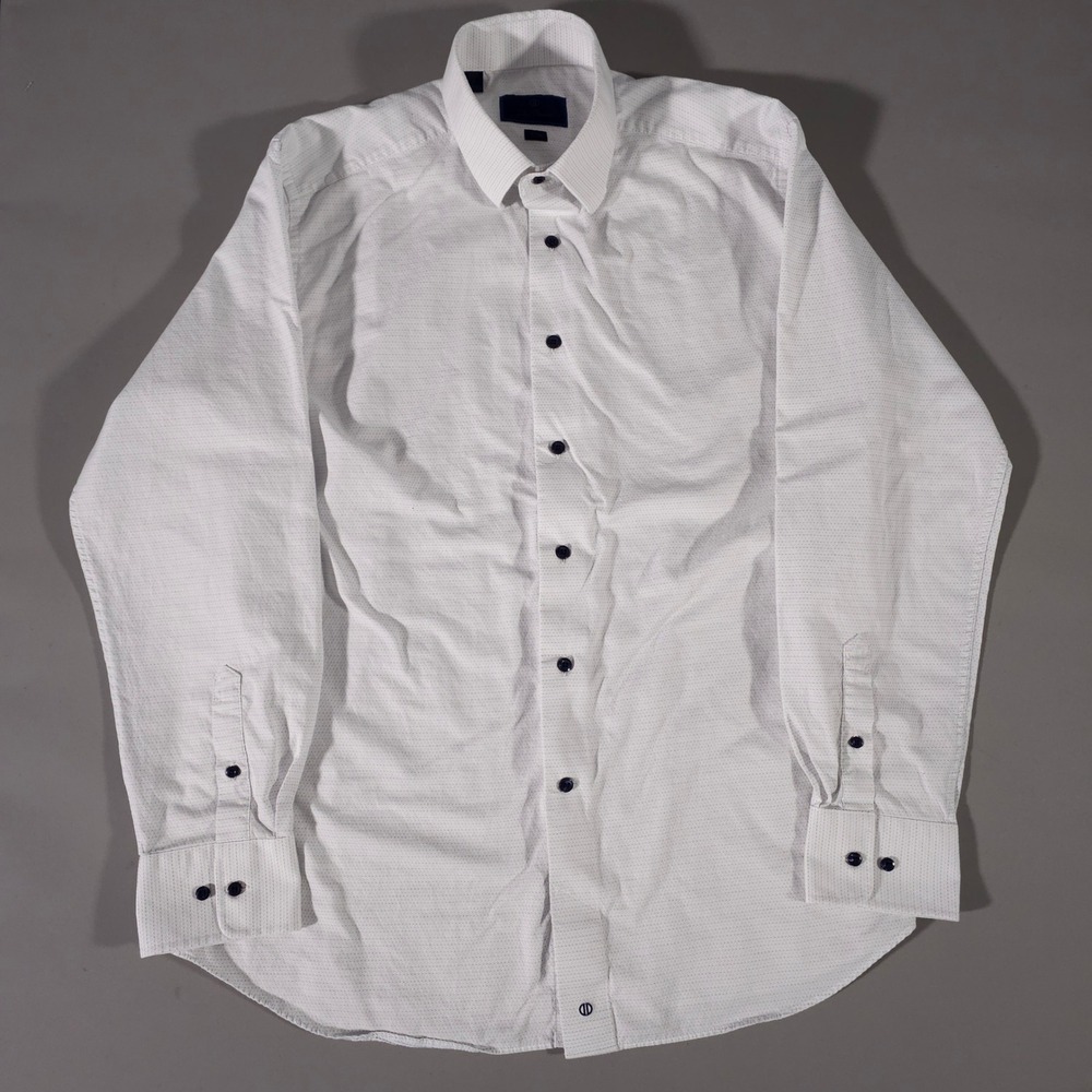 David Donahue Dress Shirt Mens 17 34/35 White Trim Micro Dot Cotton Long Sleeve